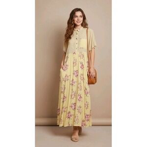 VTG 90's Praire Cottagecore Maxi Dress Modesty Dress Yellow Floral Women's Large
